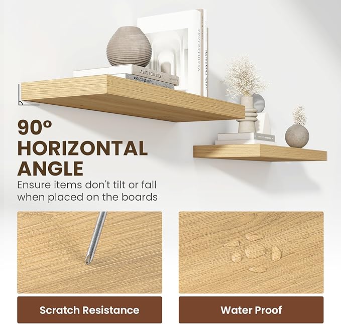 24 Inch Floating Shelves, 11.6 Inch Deep Floating Shelves for Wall, Floating Shelf with Invisible Brackets, Deep Shelves for Bathroom, Bedroom, Living Room, 2 Pack, Natural