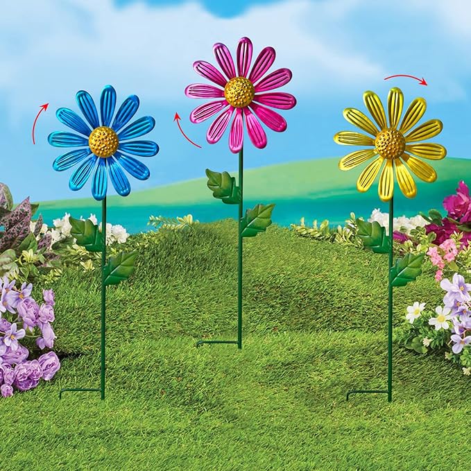 WAIU Metal Daisy Garden Stakes, Wind Catcher Spinner Garden Stakes, Garden Windmill Stakes Outdoor Wind Catchers, Yard Decor Stakes, Set of 3…