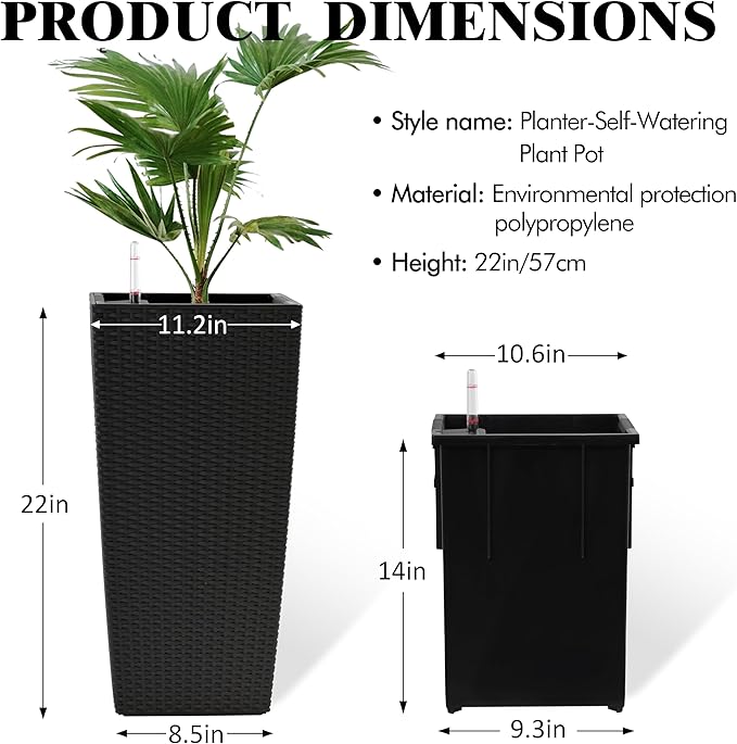 2Pcs 23in High Large Plant Pots Planter-Self-Watering,Modern Planter with Drain Holes,Water Level Monitor,Inner Bucket for Indoor/Outdoor Front Porch Patio,Black Rattan