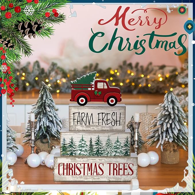 4 Pcs Christmas Decor Wooden Red Truck Winter Tiered Tray Decor Rustic Merry Christmas Table Centerpiece Wood Red Truck Block Sign Gift Farmhouse for Home Kitchen Tabletop Office Shelf