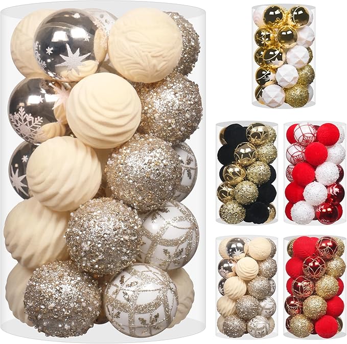 2.36In Velvet Christmas Ball Ornaments, 25PCS Champagne Flocked Christmas Tree Hanging Decorations, for Home Holiday Wedding Indoor Xmas Party Decor.