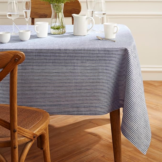 Solino Home Linen Tablecloth 60 x 90 Inch - Narrow Stripe 100% Pure Linen Navy and White Table Cloth for Rectangle Tables - Machine Washable Tablecloth for Fall, Autumn, Thanksgiving