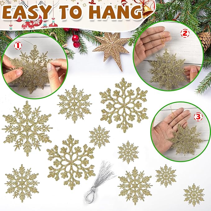 Christmas Tree Decorations Snowflake Ornaments, 36Pcs Glitter Gold Plastic Hanging Snowflakes from Ceiling Snow Flakes Decorating Hanging for Winter Wonderland Decorations Indoor Outdoor Decor