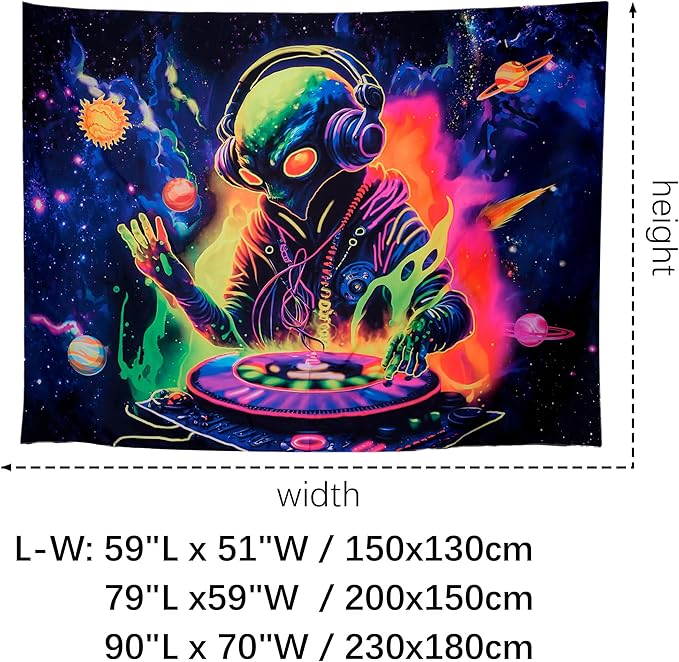 OSVINO Blacklight Alien Tapestry 90"x70" UV Reactive Alien DJing Wall Hanging Art Bedroom Decor Moon and Sun Planets Posters Wall Hanging Hippie Decor