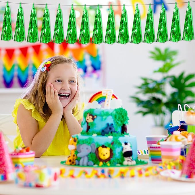 4P Green Foil Fringe Metallic Streamers Banner Tassel Garland for Parade Floats, Bachelorette, Wedding, Birthday, Halloween, Christmas, Bridal/Baby Shower Party Decorations