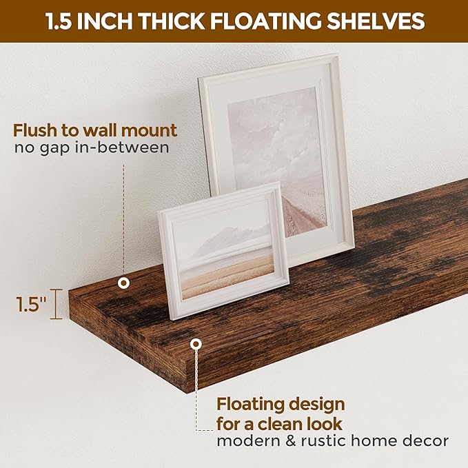 72 Inch Floating Shelves, 72 x 9 Rustic Wooden Fireplace Mantel, 9 Inch Floating Shelf for Wall, Farmhouse Wall Shelves for Home Storage & Display, Rustic Brown Color, Set of 1