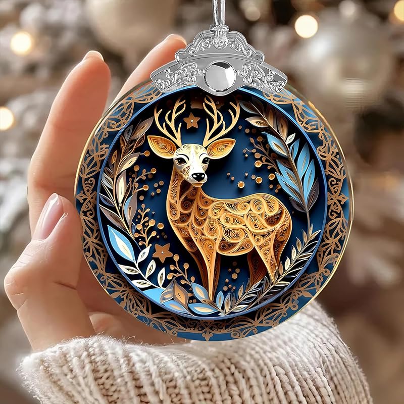2025 Christmas Ornament, Stained Glass Effections, Christmas Tree 4 Inch Acrylic Ornament Art, White Elephant Gifts Car Interiors Decors, Christmas Decor (Quilling Deer)