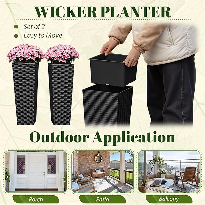 JUMMICO Set of 2 Resin Rattan Tall Planters for Outdoor Plants, Large Tapered Planters with Drainage Holes&Inner Trays, Flower Pots for Garden, Patio, Porch, Backyard (Black, 24'')