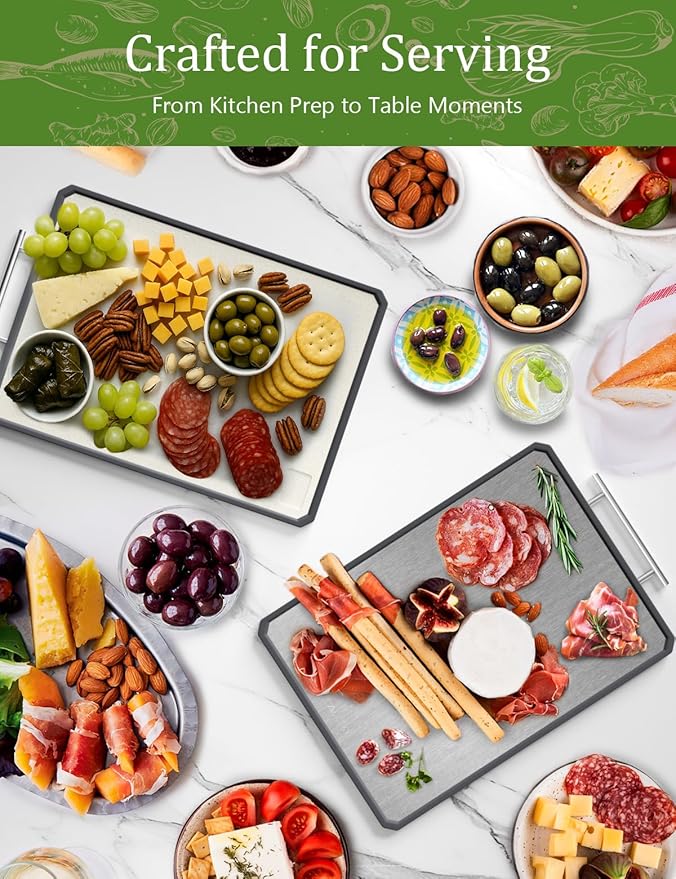 Titanium Cutting Boards for Kitchen, 2 in 1 Metal Cutting Board for Chopping Meat/Vegetables, Double Sided Pure Titanium&Wheat Straw PP Chopping Board, Food-Grade, Dishwasher Safe Large 16.3”×11-1 PC