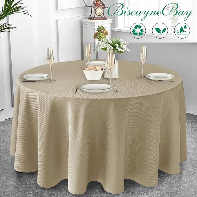 Biscaynebay Textured Fabric Round Tablecloths 108", Natural Water Resistant Table Cloth Circle Folding Table Covers Linen for Dining, Kitchen, Wedding, Parties etc. Machine Washable