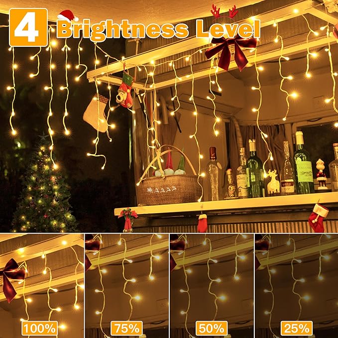 Ollny Icicle Lights for Outside 720LED 60FT, Warm White Christmas Lights with Remote 8 Modes Dimmable, Waterproof Connectable Timer Hanging Light for House Outdoor Yard Indoor Decorations