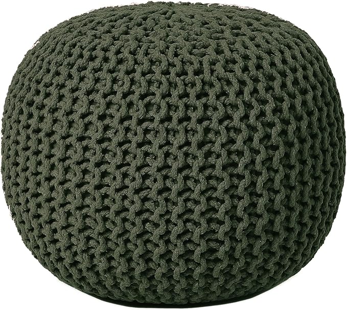REDEARTH Round Hand Knitted Pouf - Foot Stool Bean Bag Ottoman - Cord Boho Pouffe - Poof Accent Beanbag Footrest for Living Room - Bedroom - Patio - Lounge (19.5"x19.5"x14") - Olive