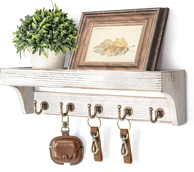 Rebee Vision Pine Wood Key Holder Wall Mount with Shelf for Farmhouse Decor - Rustic Wall Mail Organizer Wall Mounted for Living Room Decor - Perfect Mail Organizer for Home Improvement (Whitewash)