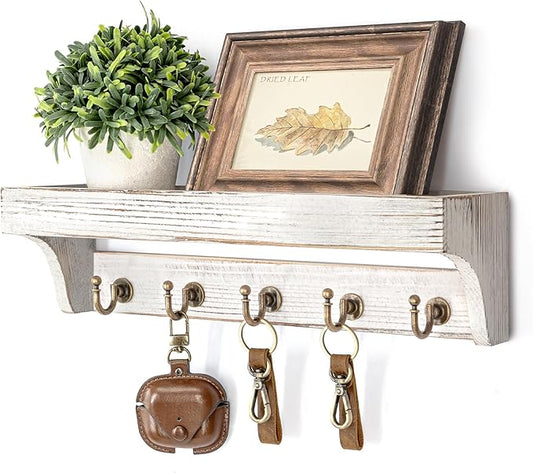 Rebee Vision Pine Wood Key Holder Wall Mount with Shelf for Farmhouse Decor - Rustic Wall Mail Organizer Wall Mounted for Living Room Decor - Perfect Mail Organizer for Home Improvement (Whitewash)