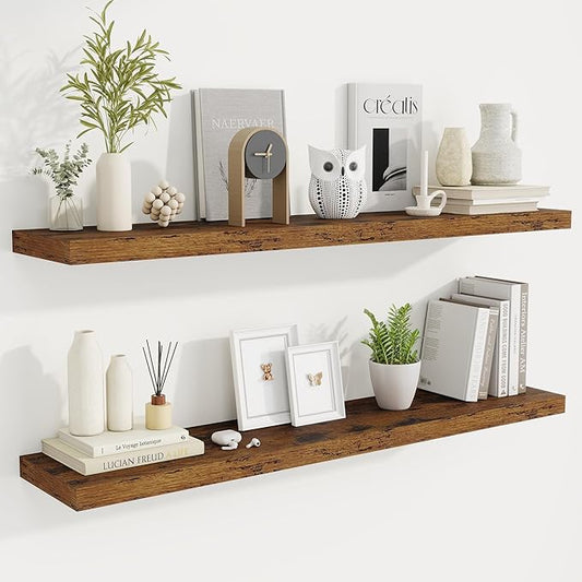 Fun Memories 48 Inch Deep Floating Shelves for Wall, 2 Pack of Long Wall Mounted Wood Shelves with Invisible Brackets for Bathroom, Bedroom, Living Room, Kitchen Decor and Storage, Brown