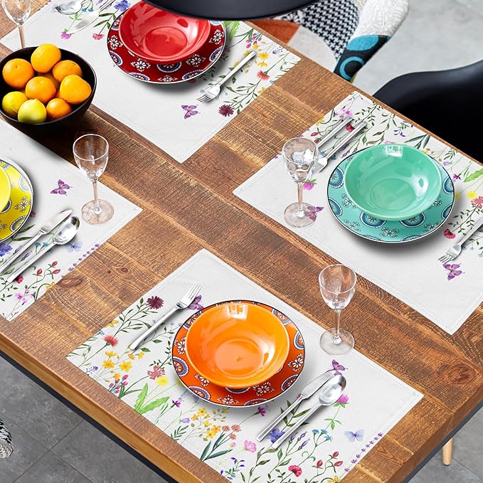 Spring Summer Floral Placemats Set of 4 Spring Easter Wild Flower Butterfly Washable Non-Slip Heat Resistant Place Mats 12x18 Inch Linen Table Mats for Kitchen Dining Party Decor