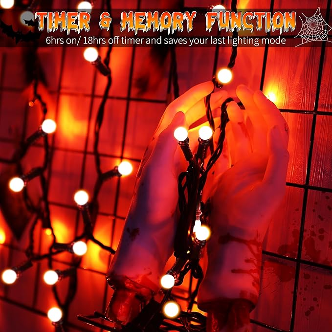 Brizled Orange Halloween Lights, 66ft 200 LED Orange Lights String Connectable, 8 Modes Outdoor Halloween Lights, Berry String Lights with Timer Plugin for Garden Tree Indoor Party