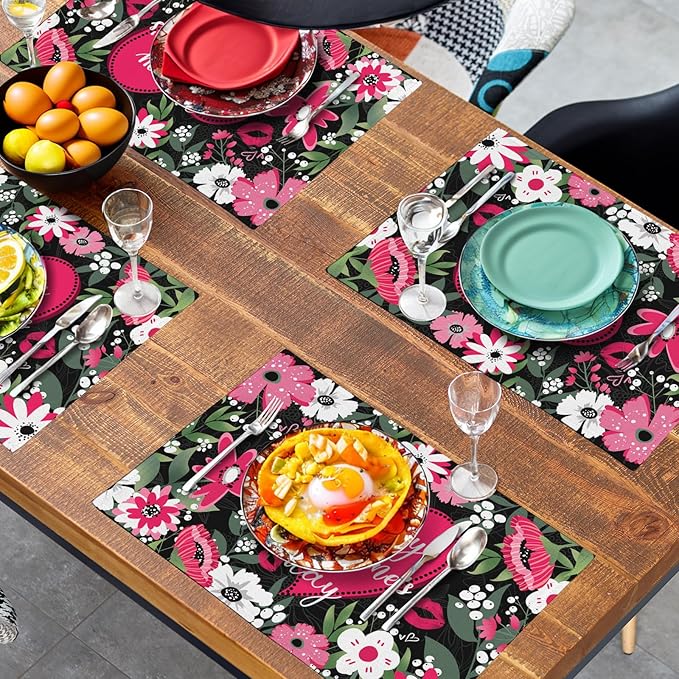 Happy Valentine's Day Placemats Set of 4 Valentine Flowers Love Heart Place Mats Pink Red White Floral Linen Table Mats Seasonal Black Placemat for Anniversary Wedding Party Kitchen Dining Decor