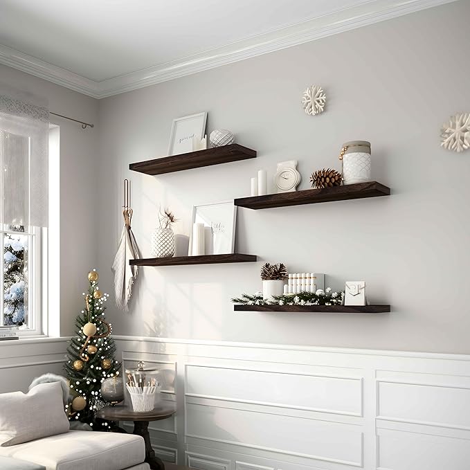 Wood Floating Shelves for Wall Decor, Rustic Wall Shelves for Bedroom Bathroom Kitchen Living Room, Set of 4 Walnut 24 Inch