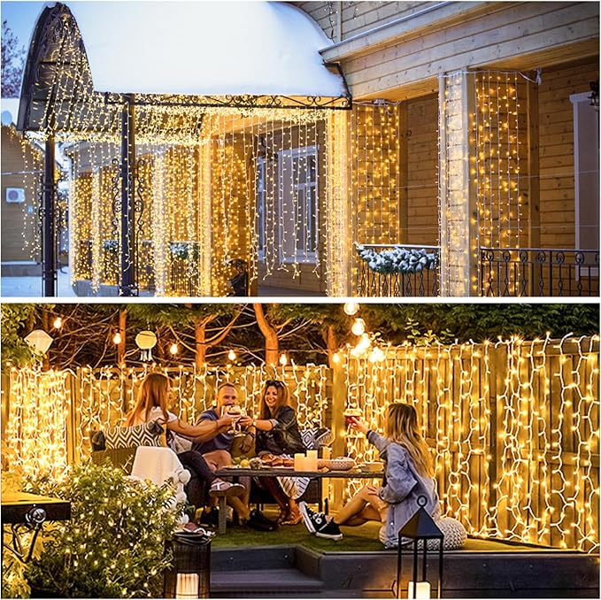 JMEXSUSS 900 LED Outdoor Christmas Curtain Lights, 9.5x29.5ft Christmas Lights Plug in with Remote, Twinkle Hanging String Light for Bedroom Wall Wedding Backdrop Window Gazebo Decor, Warm White