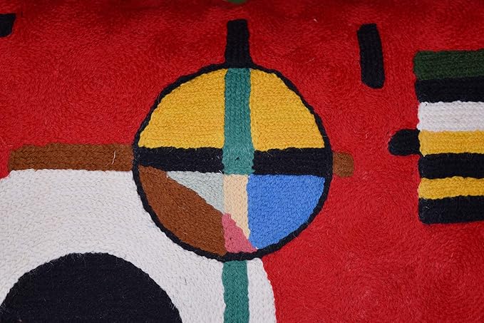 Modern Throw Pillow Cover - Kandinsky Inspired Abstract Pattern - Red - 18" x 18" - Hand Embroidered Wool - Living Room, Office, Bedroom, Outdoor