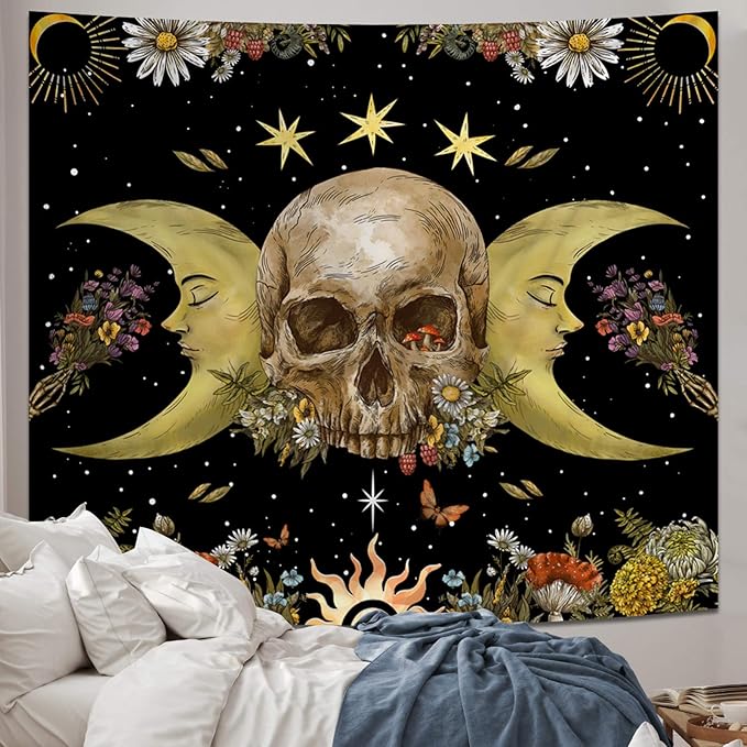 Atrippy Halloween Vintage Gothic Tapestry for Bedroom, Goth Skull Floral Wall Decor Tapestry, Sun and Moon Skeleton Flower Tapestries Aesthetic, Dark Room Decor Wall Hanging for Living Room Dorm 51x60 Inches