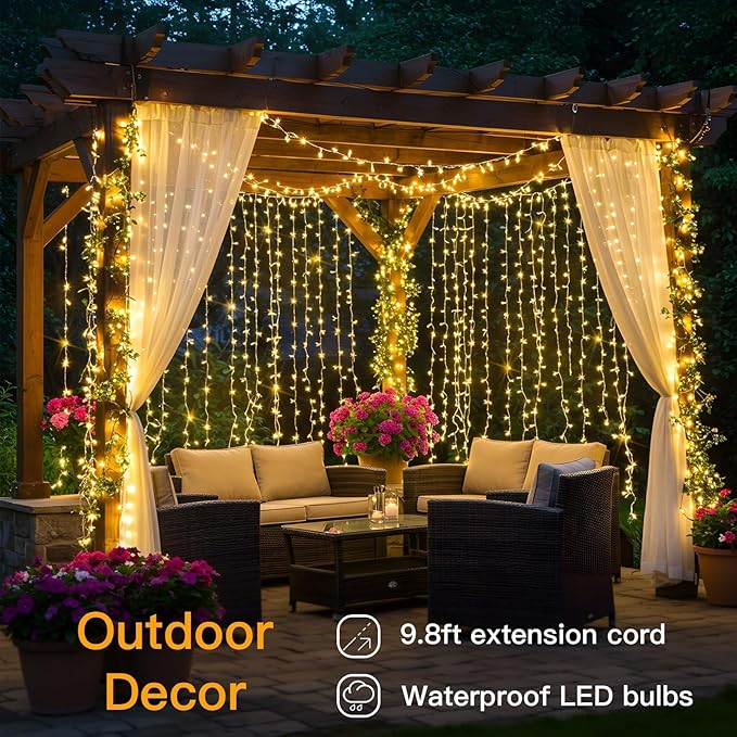 suddus Curtain Lights for Bedroom, 200 Led Hanging String Light Outdoor, Fairy Curtain Lights Indoor for Christmas, Dorm, Wall, Backdrop, Window, Wedding, Party, Birthday Decor, Warm White
