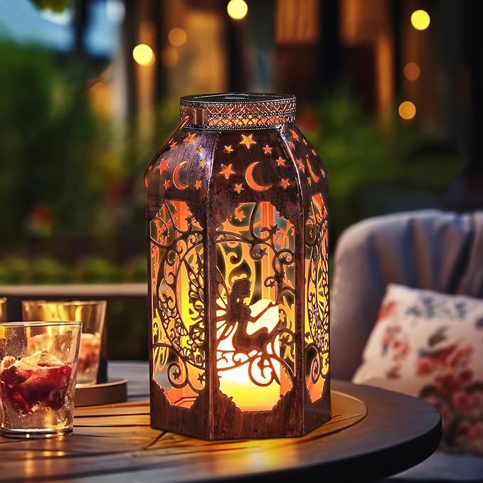 Solar Lanterns Outdoor Hanging Metal Bronze Moon Fairy Lantern, 1 Pack Waterproof Flickering Flameless Candle Mission Lights for Table,Pathway,Garden Gifts for Women, Mothers' Day Gift