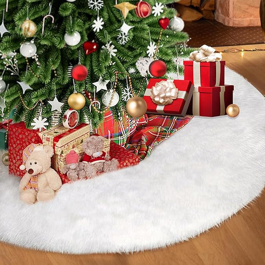48 Inch Christmas Tree Skirt, White Plush Faux Fur Tree Skirts for 7.5 to 9 ft Trees, Snowy Xmas Tree Mat Decorations for Holiday Christmas Halloween Indoor Outdoor Decor