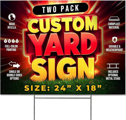 2 Pack 24"x18" Custom Yard Signs with Stakes, Personalized Yard Signs for Outdoors, Customized Full Color Print Corrugated Signs for Business