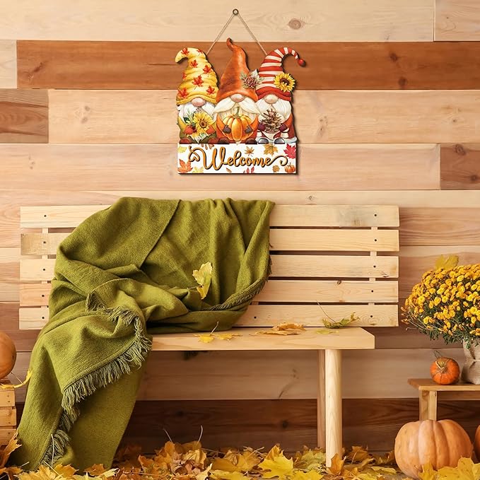 Boao Fall Welcome Sign Gnome Hanging Door Decor Thanksgiving Wooden Sign Autumn Door Decorations Pumpkin Maple Leaves Hanger for Outdoor Farmhouse Porch
