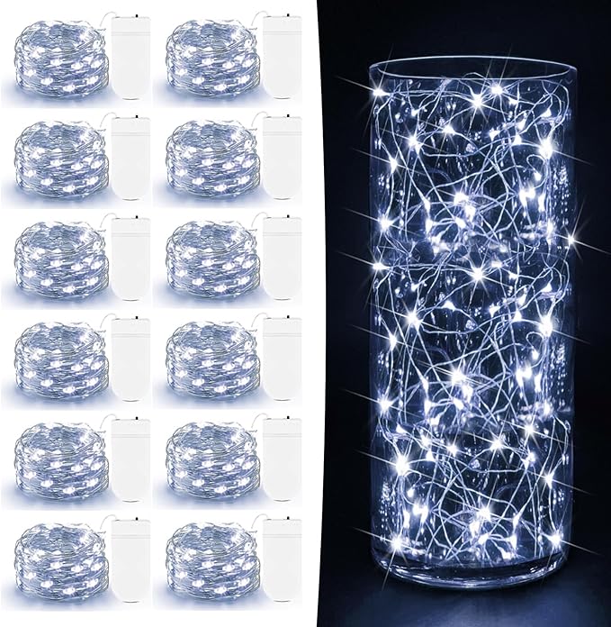 12 Pack Fairy Lights Battery Operated - 7ft 20 LED Twinkle Lights Copper Wire Mini String Lights Firefly Lights for Mason Jars DIY Crafts Christmas Wedding Party Centerpiece Table Decor, Cool White