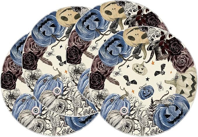 XCHI Spooky Blue Pumpkin Halloween Round Placemats Set of 4 Table Mats for Party Home Kitchen Dining Table Decorations 14x14 Inch