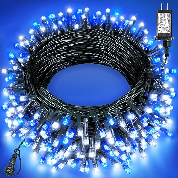 Christmas Lights Outdoor 40FT 120 LED, Green Wire Christmas Tree Lights Waterproof, 8 Modes & Timer, Connectable String Light for Indoor Garden Yard Party Wedding Decorations, Blue White