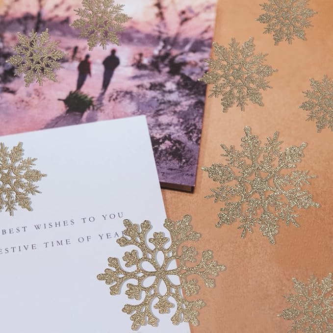 36pcs Christmas Champagne Gold Snowflake Ornaments Plastic Glitter Snow Flakes Ornaments for Winter Christmas Tree Decorations Size Varies Craft Snowflakes