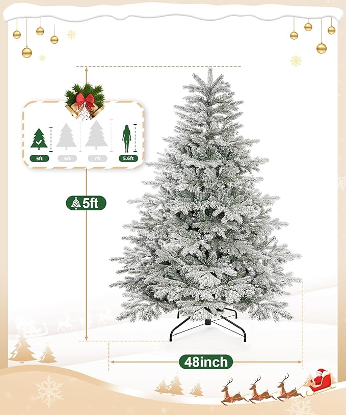 Decoway 5ft Artificial Christmas Tree, Unlit Snow Flocked Xmas Tree with 1081 Branch Tips and Sturdy Metal Stand for Indoor Outdoor Home Decoration