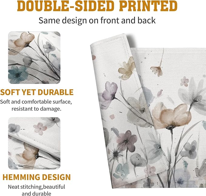 Flower Placemats Set of 4 Brown Cream Grey Poppy Flowers Table Mats Watercolor Rustic Vintage Floral Place Mat Farmhouse Linen Fabric Placemat for Party Kitchen Dining Outdoor Indoor Decor 12x18 Inch