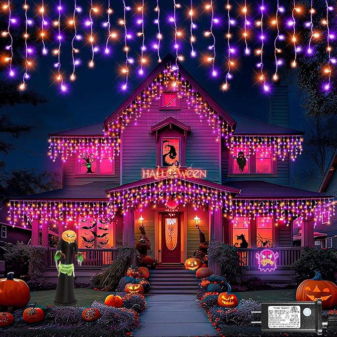 Orange and Purple Halloween Lights Outdoor, 33FT 400 LED Icicle Lights for Outside with Waterproof 8 Modes, Plug in Timer String Twinkle Light for Indoor House Yard Party Holiday Decorations