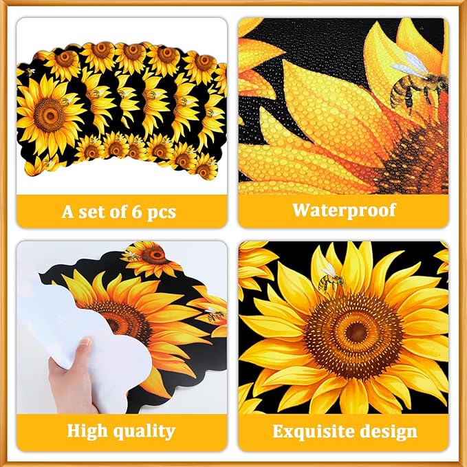 Sunflower Placemats Set of 6 Summer Plastic Table Mats Summer Floral Place Mats Washable Vinyl Seasonal Spring Sunflower Table Decoration for Indoor Outdoor Party Kitchen Dining