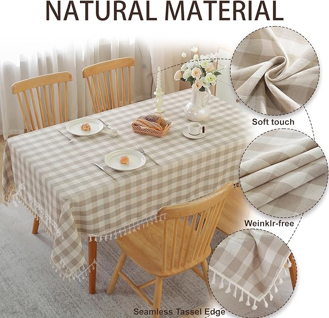 JIALE Gingham Tablecloth Rectangle Cotton Linen Fabric Checkered Table Cloth with Tassel Washable Wrinkle Free Buffalo Plaid Table Cover for Outdoor Party Picnic Kitchen Dining, Beige, 55x90