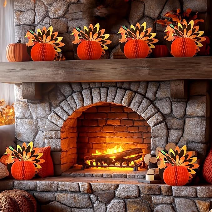6 Pcs Fall Centerpiece Table Decorations Turkey Centerpiece Thanksgiving Table Decor 3D Paper Turkey Honeycomb Standing Decorations for Autumn Harvest Party Kitchen Tabletop Home Decor