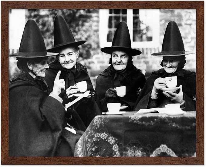 Poster Master Classic Photograph Poster - Vintage Halloween Print - Gift for Artist, Friend - Witches Tea Party, Old Women Smiling, Wearing Robes - Wall Decor for Living Room, 16x20 Brown Framed