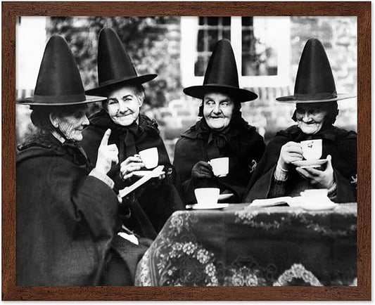 Poster Master Classic Photograph Poster - Vintage Halloween Print - Gift for Artist, Friend - Witches Tea Party, Old Women Smiling, Wearing Robes - Wall Decor for Living Room, 16x20 Brown Framed