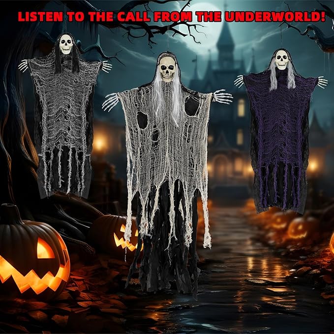 Halloween Decorations Outdoor and Indoor,3PCS Scary Hanging Ghosts,Halloween Grim Reaper Skeleton,Scary Party Decorations for Yard,Haunted House Decor