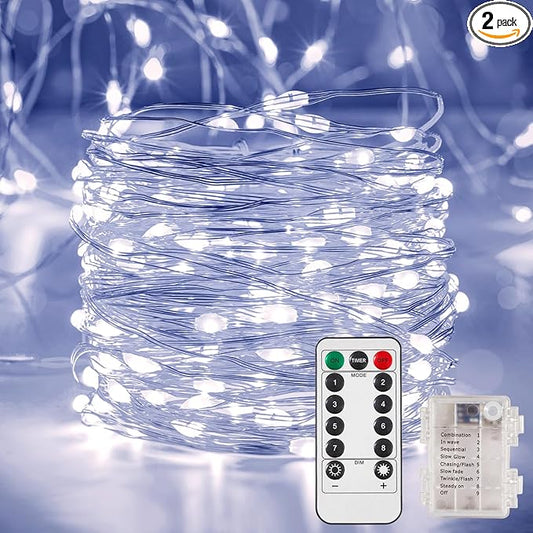 2 Pack 32.8 Ft. Battery Operated Outdoor String Lights with Remote & Timer, LED Cool Whit Fairy Lights, Waterproof Twinkle Lights for Bedroom, Dorm, Mason Jar, Wedding, Party, Christmas