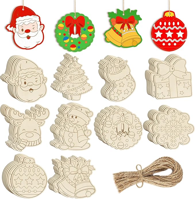 80PCS Wooden Christmas Ornaments to Paint,10 Styles DIY Blank Unfinished Reindeer Santa Claus Christmas Tree Ball Snowman Snowflake Wreath Gift Christmas Stocking Cutouts Ornament for Crafts Winter