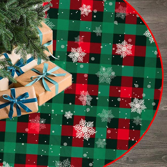 Christmas Tree Skirt Buffalo Plaid Tree Skirt Snowflake Thick Xmas Tree Skirt for Holiday Party Christmas Tree Decorations Indoor Outdoor Red and Green 48 Inch