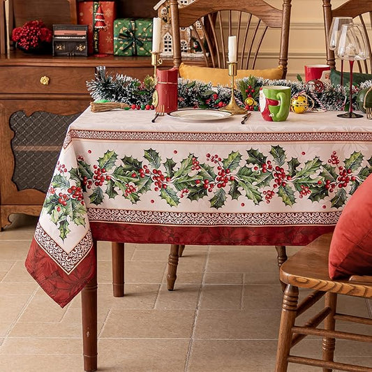 Softalker Christmas Jacquard Rectangle Tablecloth, Winter Vintage Holly Waterproof Table Cloth, Xmas Farmhouse Fabric Table Cover for Holiday, Dining, Party Decor, DHHolly 60 x 102 Inch
