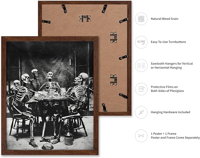 Poster Master Vintage Photograph Poster - Retro Daguerreotype Print - Gift for Artist, Friend - Skeletons Smoking at Table, Dinner Party, Goth - Wall Decor for Home, Dorm, 11x14 Brown Framed