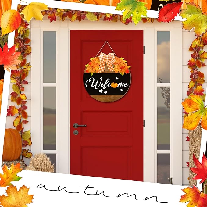 Hello Fall Door Sign Thanksgiving Wooden Welcome Sign Fall Welcome Wreaths with Bow Maple Pumpkin Door Hanger Farmhouse Wall Decoration for Home Autumn Harvest Front Porch Decor